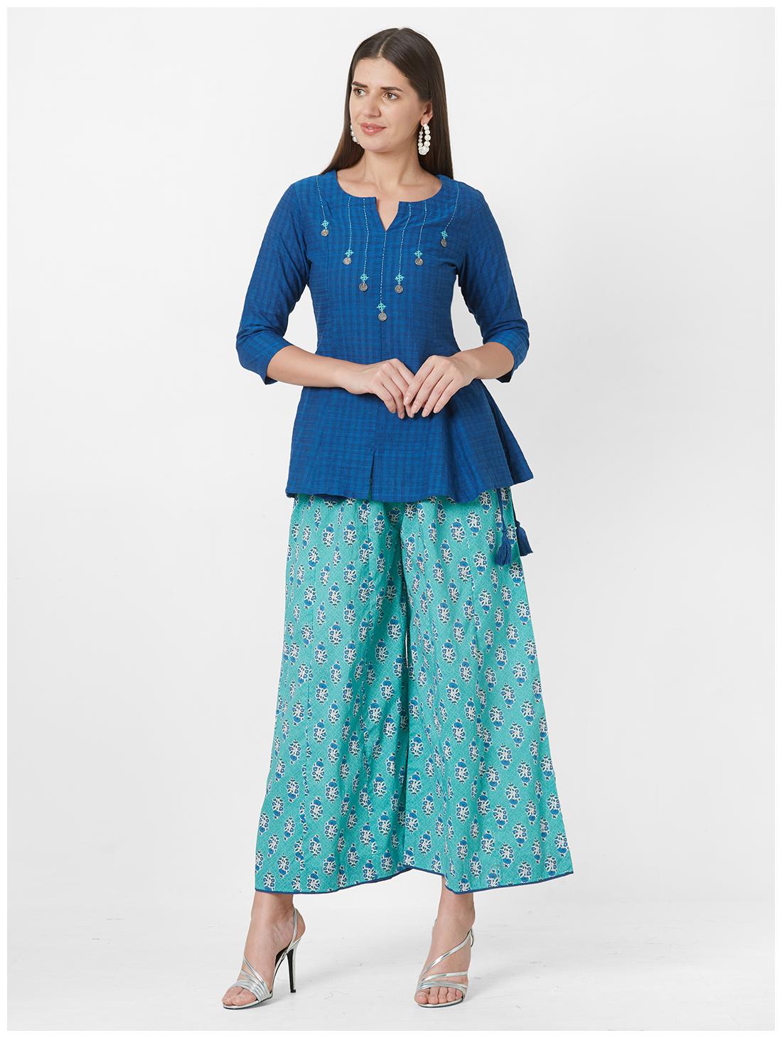 

ANVITA Cotton Checkered Blue Top with Palazzo For Women