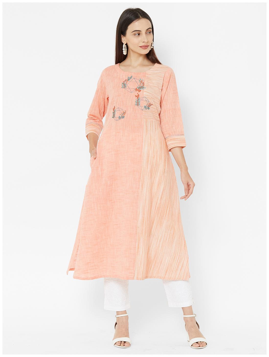 

Anvita Cotton Blend Embroidered Peach Kurti For Women
