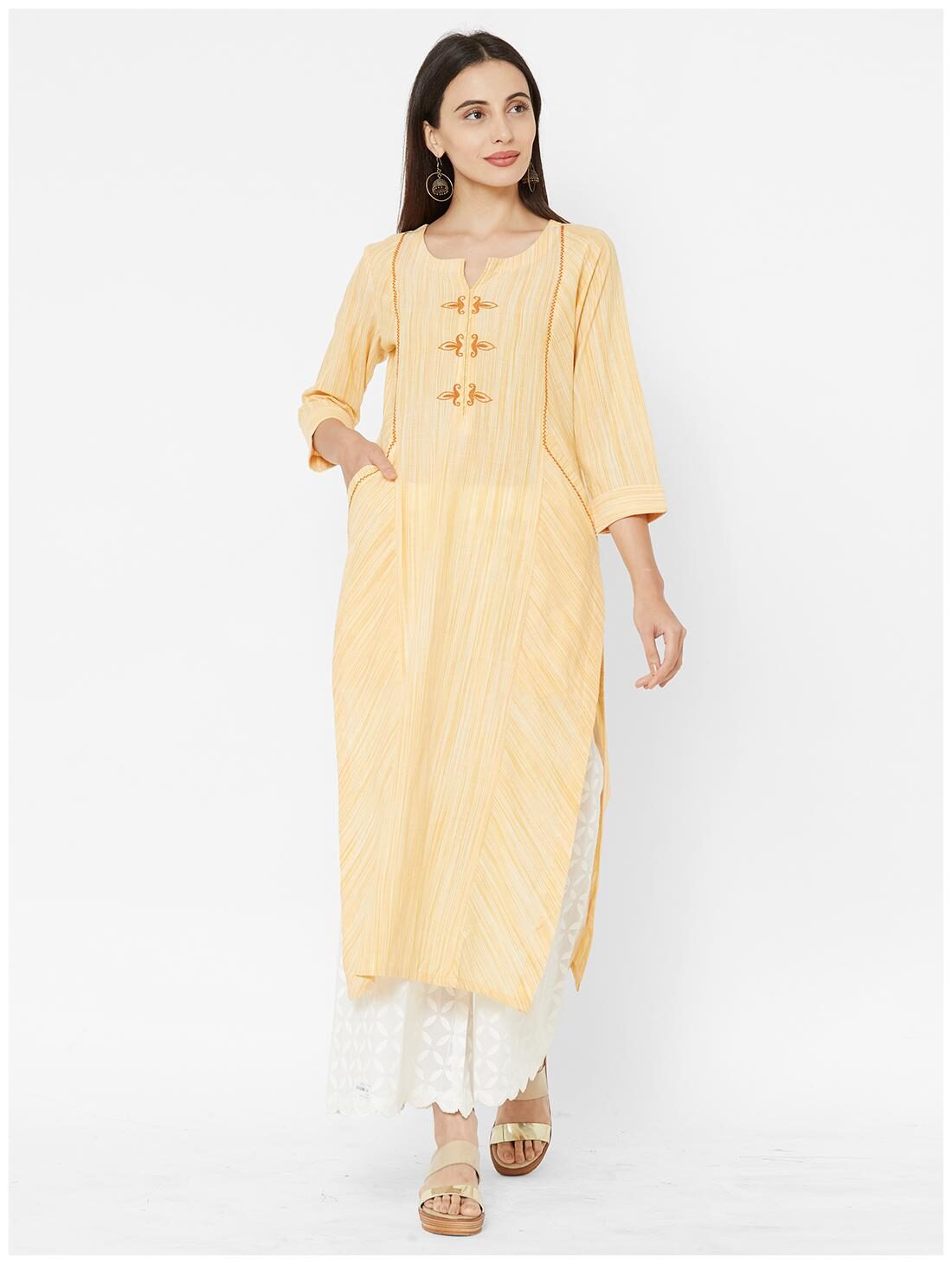 

Anvita Cotton Embroidered Yellow Kurti For Women