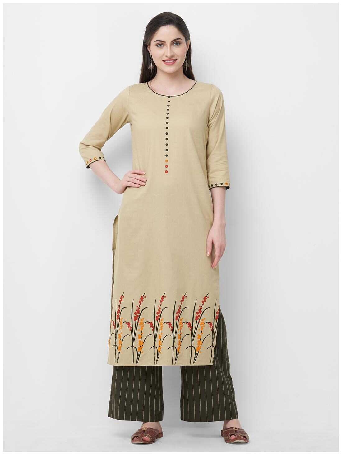 

ANVITA Cotton Floral Beige Kurta With Palazzo