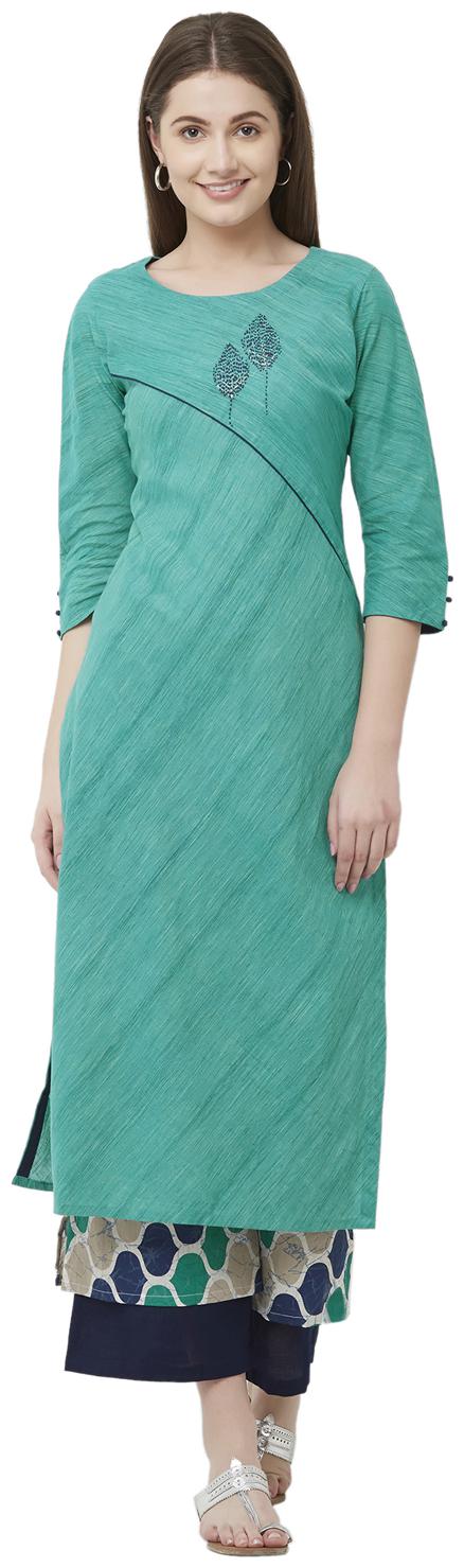 

ANVITA Cotton Blend Turquoise Embroidered Kurti For Women