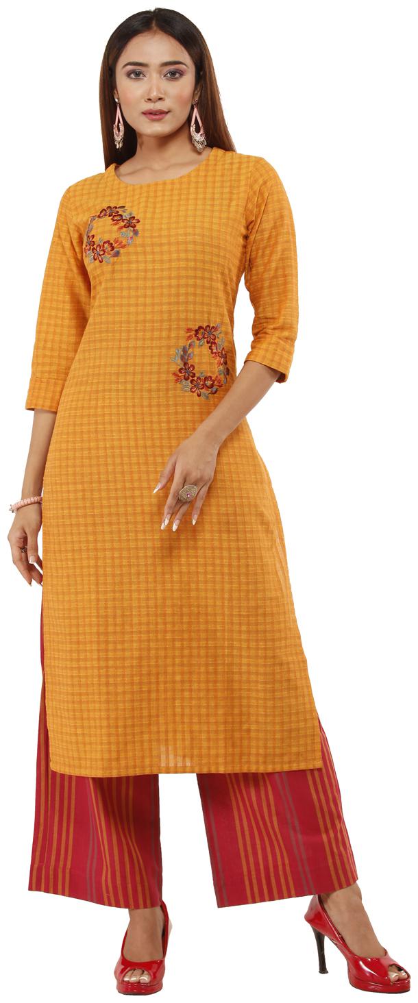 

ANVITA Women s Yellow Doriya Checks Round Neck Kurta and Palazzo Set - Yellow