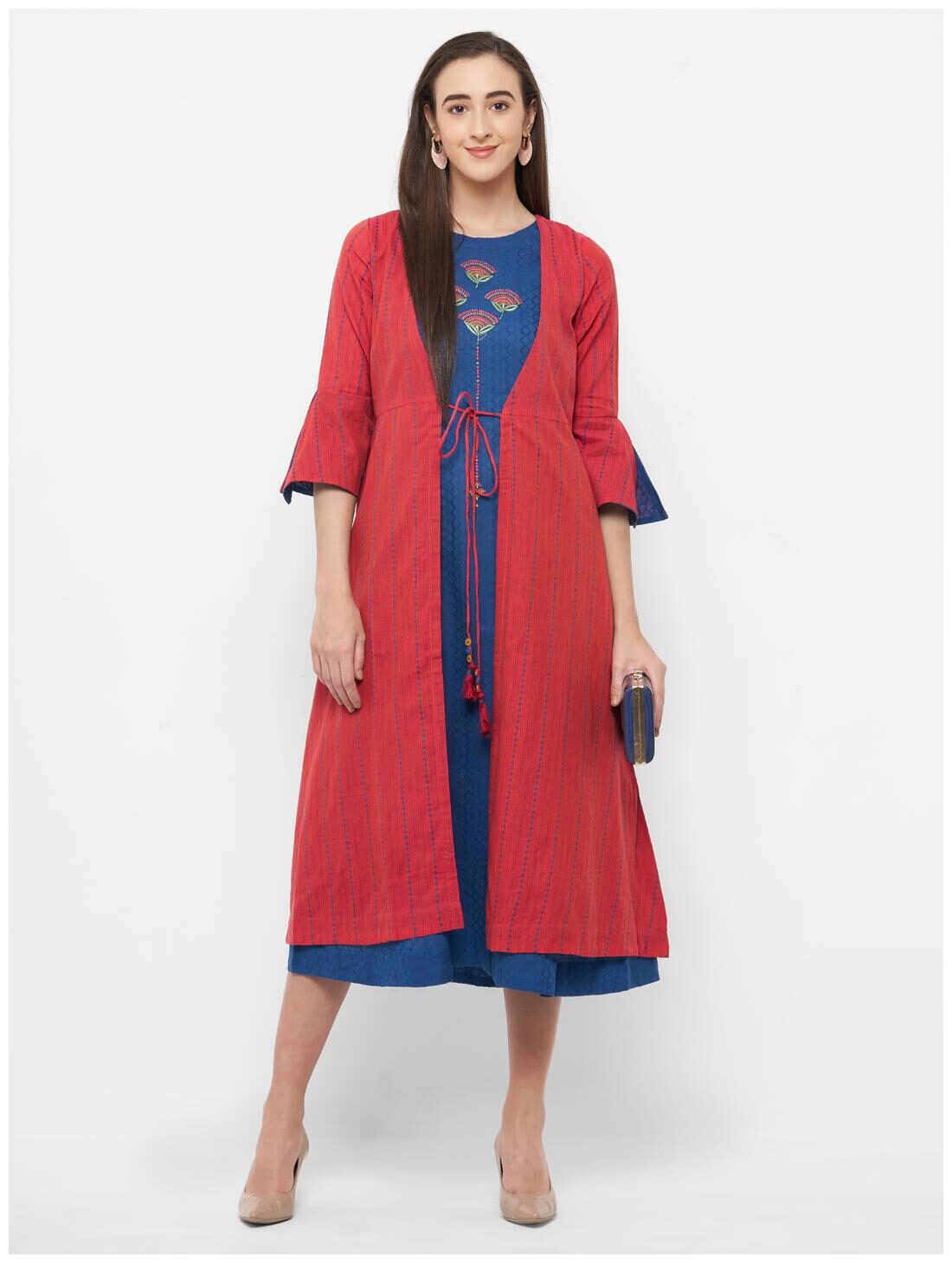 

Anvita Women Cotton Round Neck Embroidered Kurti Dress Color Blue