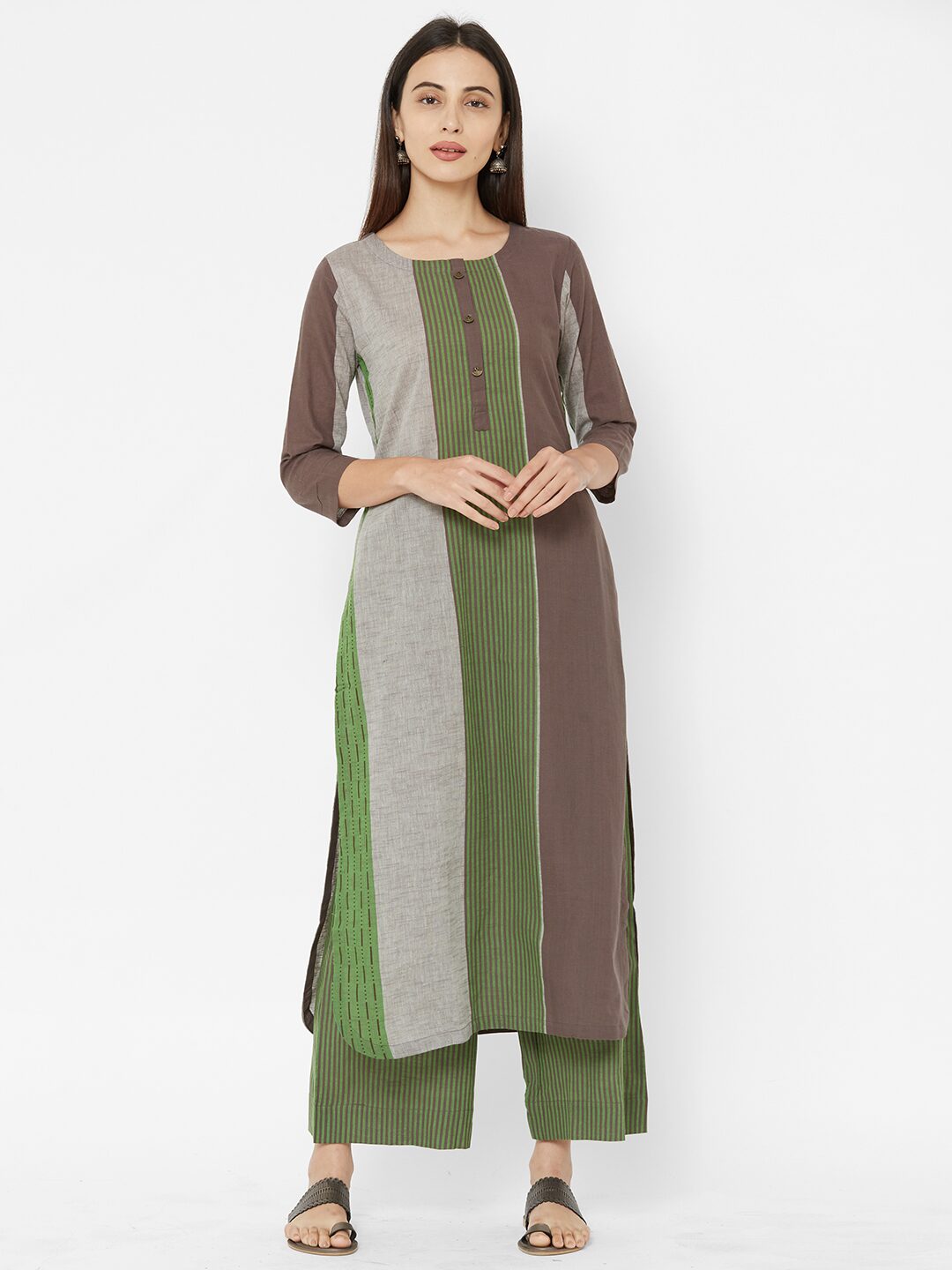 

ANVITA Women s Multicolor Cotton Stripes Round Neck Kurta and Palazzo Set - Multi