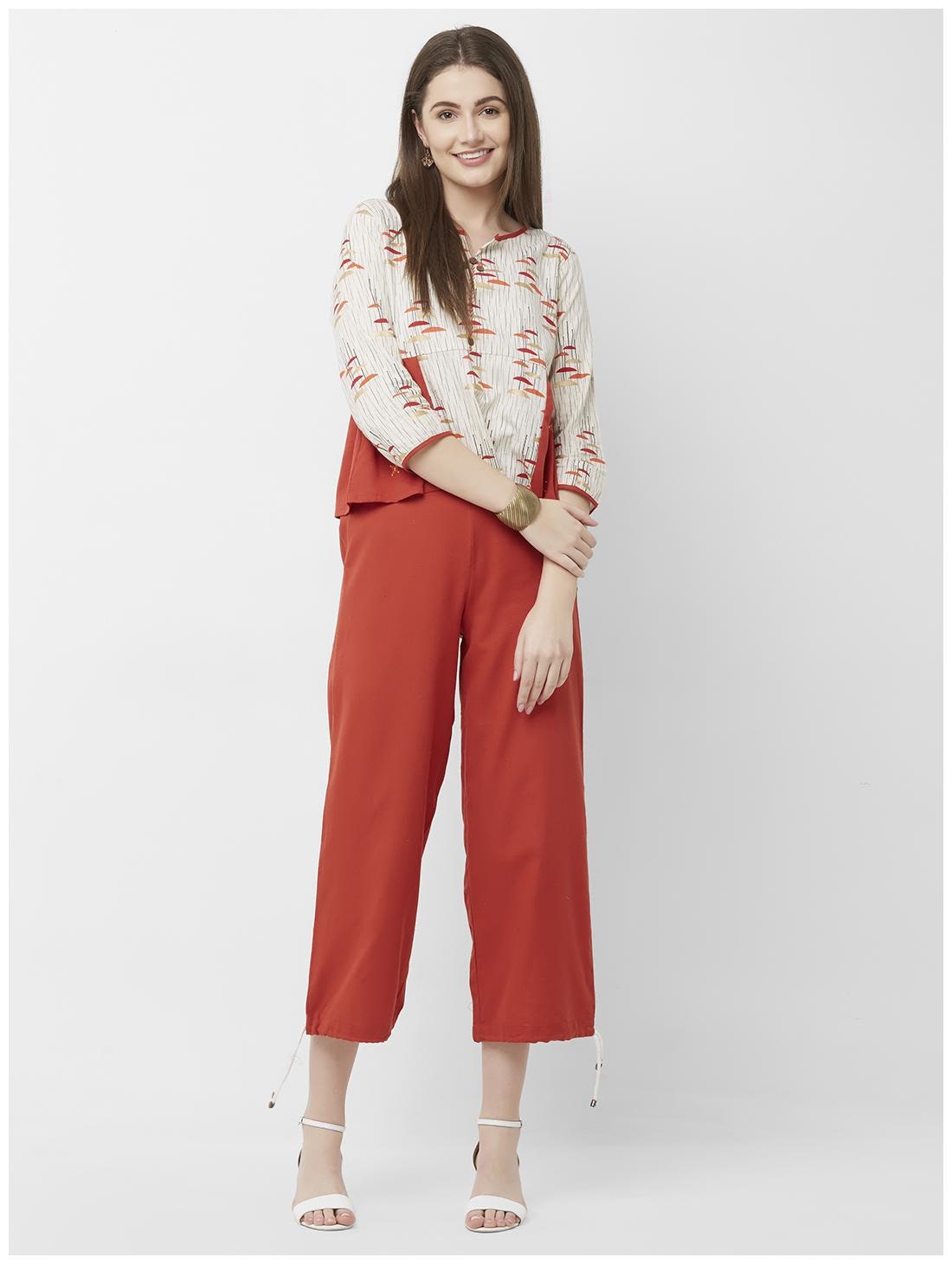 

Anvita Women s Red And White Printed Cotton Crop Top Pant Set
