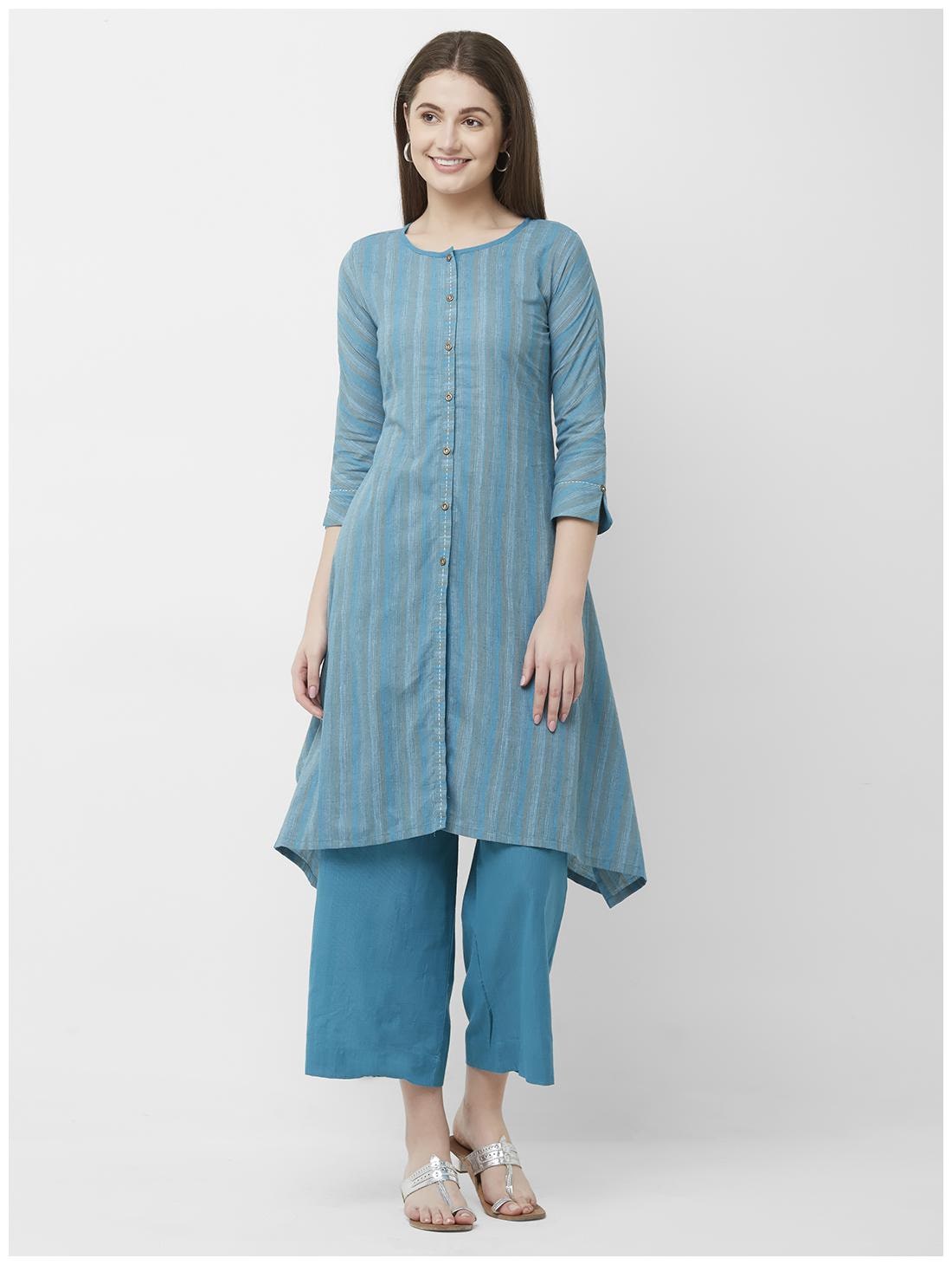 

ANVITA Women Cotton Striped Kurta With Palazzo Blue