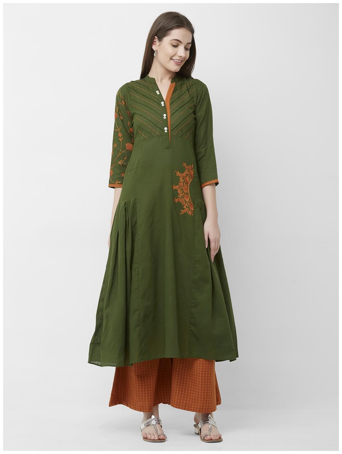 

ANVITA Women Cotton Embroidery Kurta With Palazzo Green
