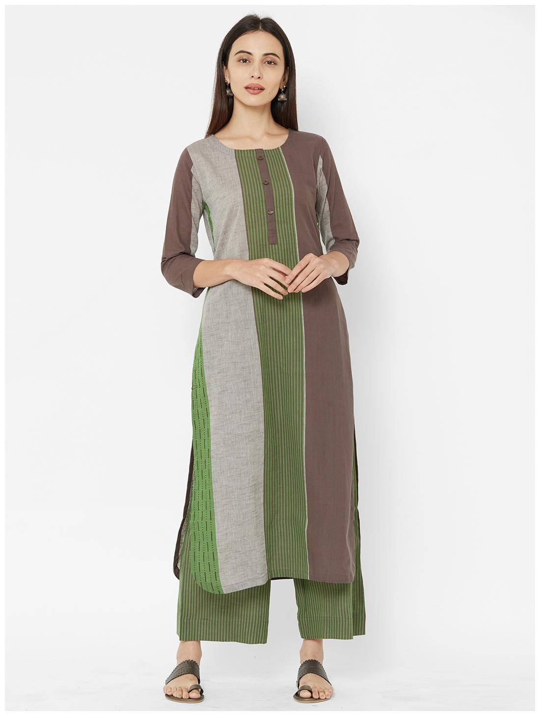 

ANVITA Women s Multicolor Cotton Stripes Round Neck Kurta and Palazzo Set - Multi
