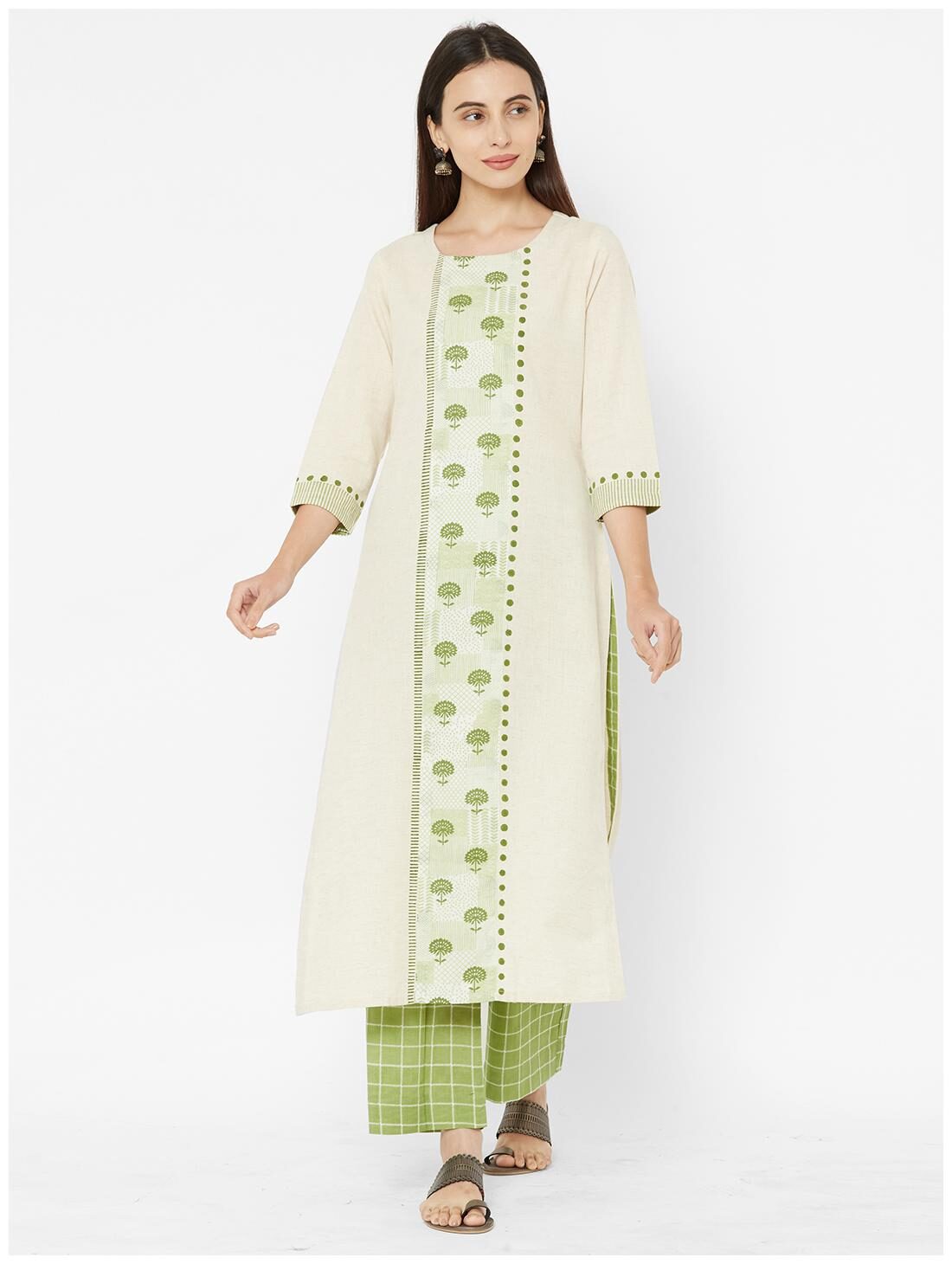 

ANVITA Women s Green Cotton Flex Round Neck Kurta and Palazzo Set - Green