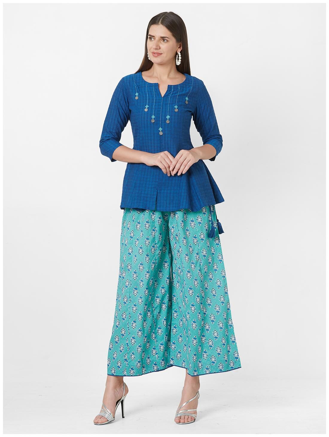 

Anvita Womens Cotton Checkered Blue Round Neck Kurta and Palazzo Set