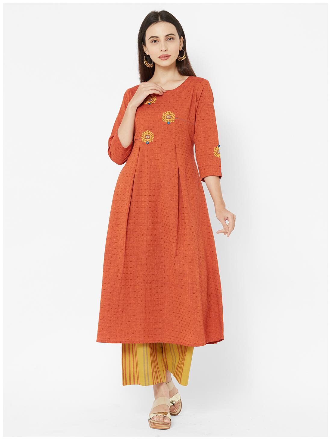 

ANVITA Women s Rust Cotton Dobby Round Neck Kurta and Palazzo Set - Orange