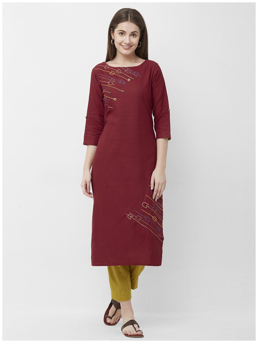 

ANVITA Women Maroon Embroidered Straight Kurta