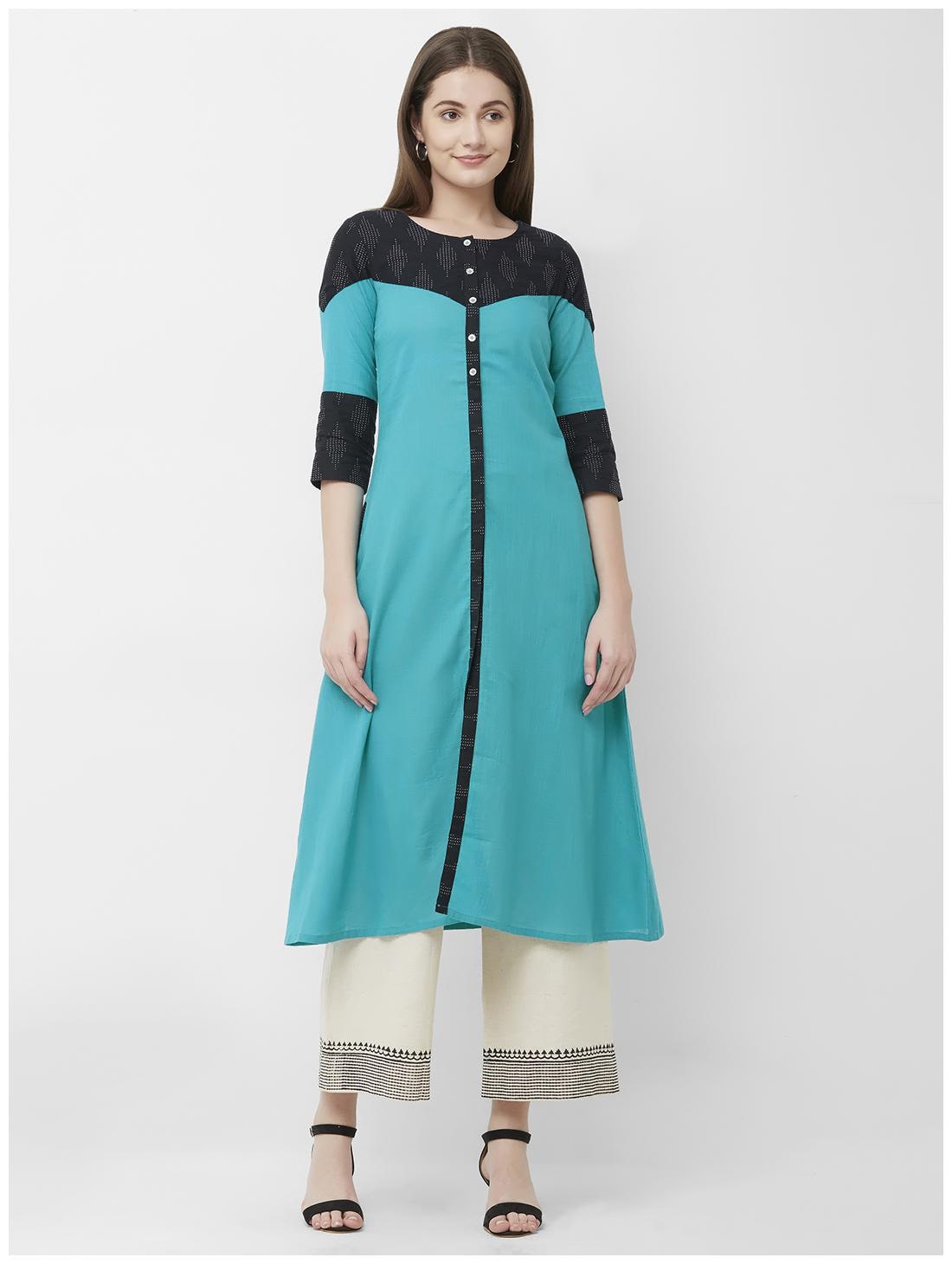 

ANVITA Women Cotton Colorblocked Kurta Turquoise