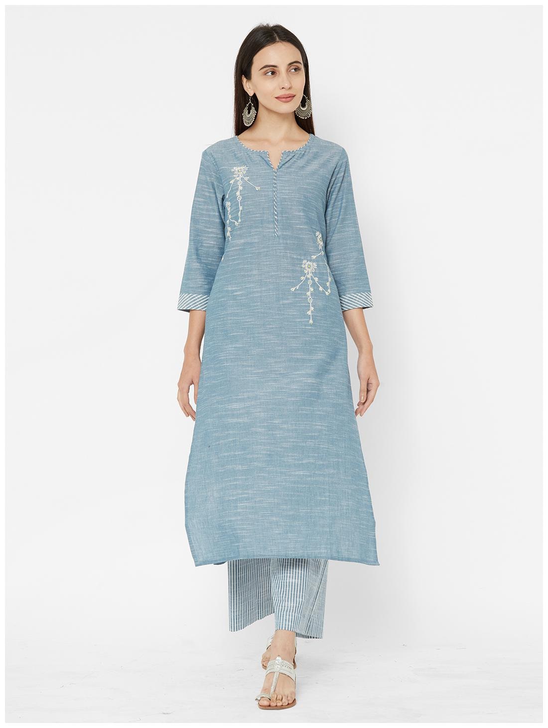 

ANVITA Women s Blue Cotton Slub Round Neck Kurta and Palazzo Set - Blue