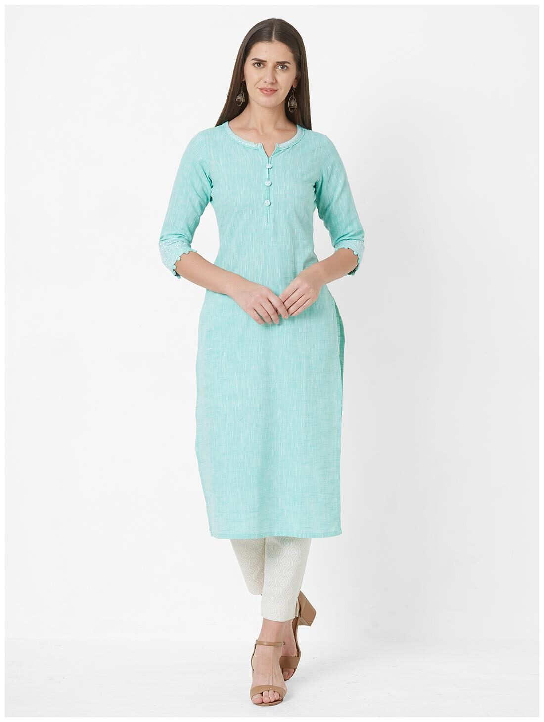 

Anvita Women Cotton Blend Regular Fit Kurti (Turquoise)