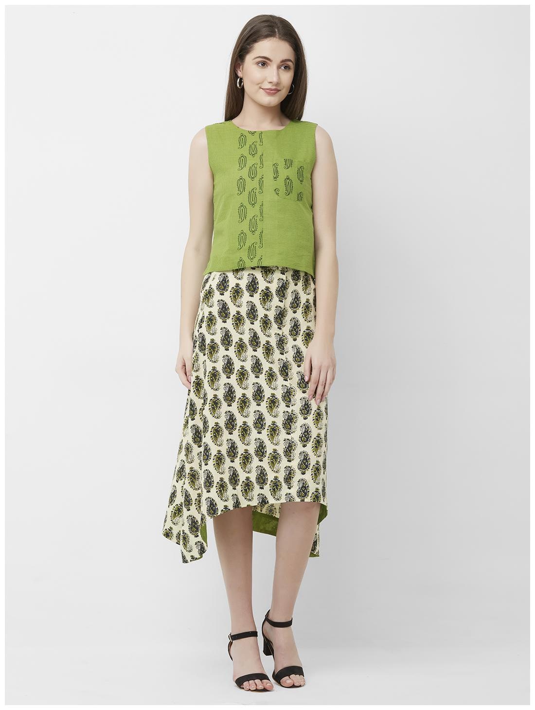 

Anvita Women s Green And Beige Printed Casual Cotton Top-Skirt Set