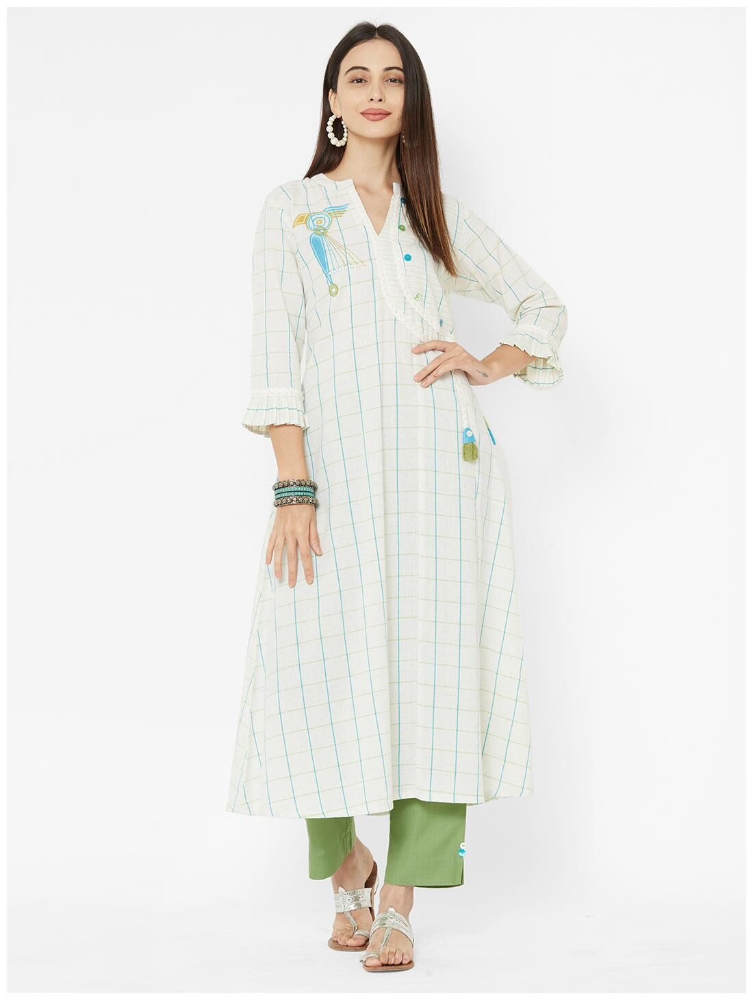 

ANVITA Women s White Cotton Checks Mandarin Collar Kurta and Pant Set - White