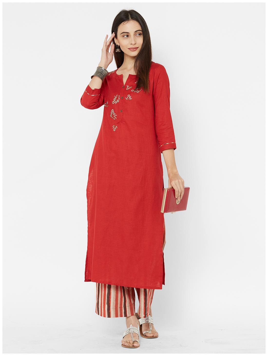 

ANVITA Women s Maroon Cotton Linen Round Neck Kurta and Palazzo Set - Red