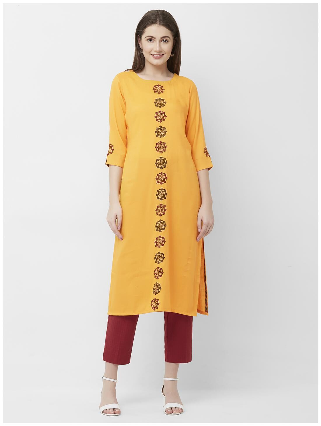 

ANVITA Women Yellow Printed Straight Kurta