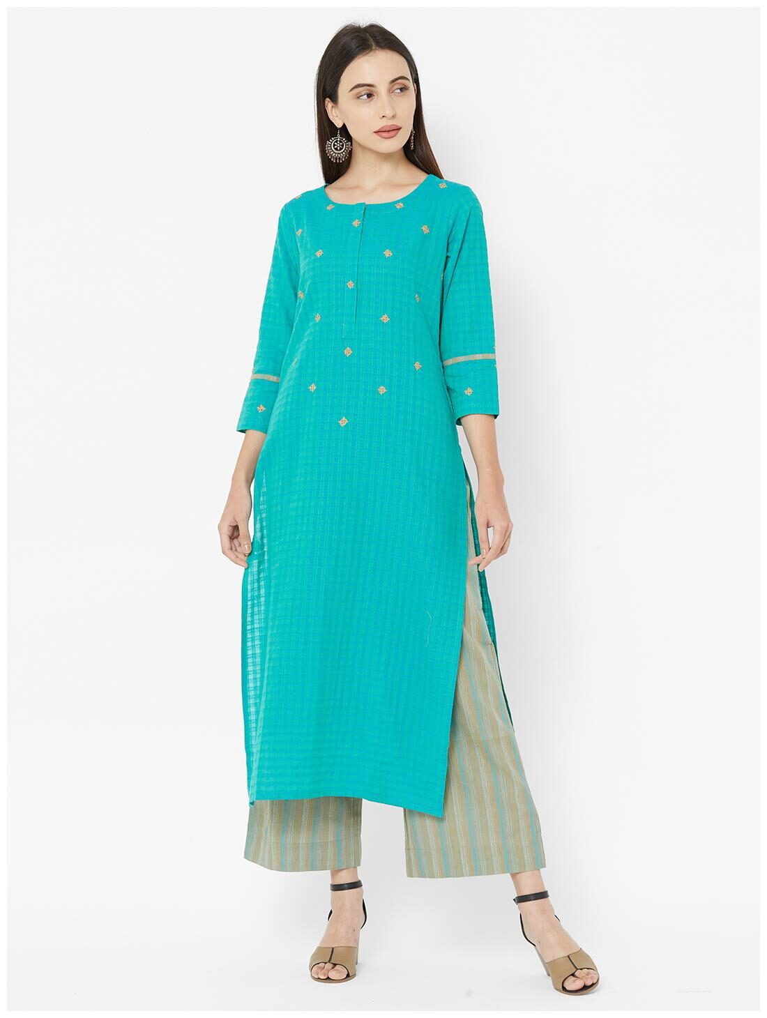 

ANVITA Women s Green Doriya Checks Round Neck Kurta and Palazzo Set - Green