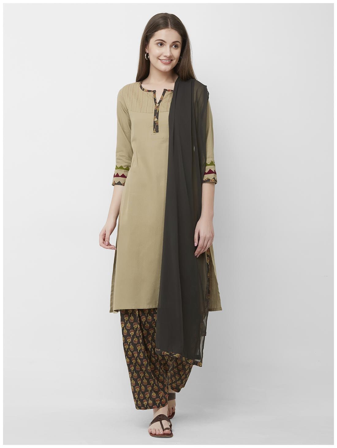 

ANVITA Women Cotton Solid Kurta With Palazzo Beige