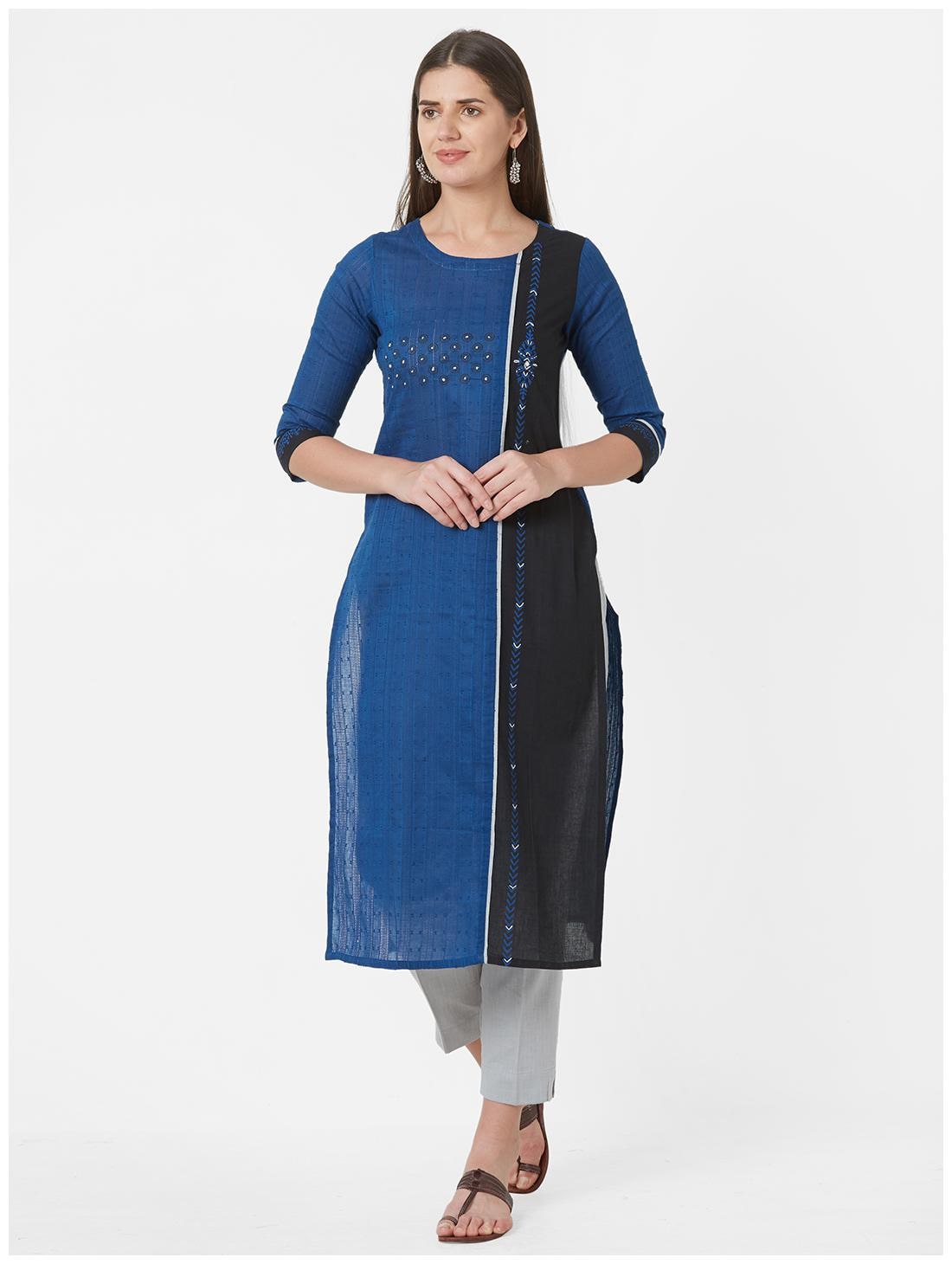 

Anvita Women Cotton Blend Regular Fit Kurti (Blue Black)