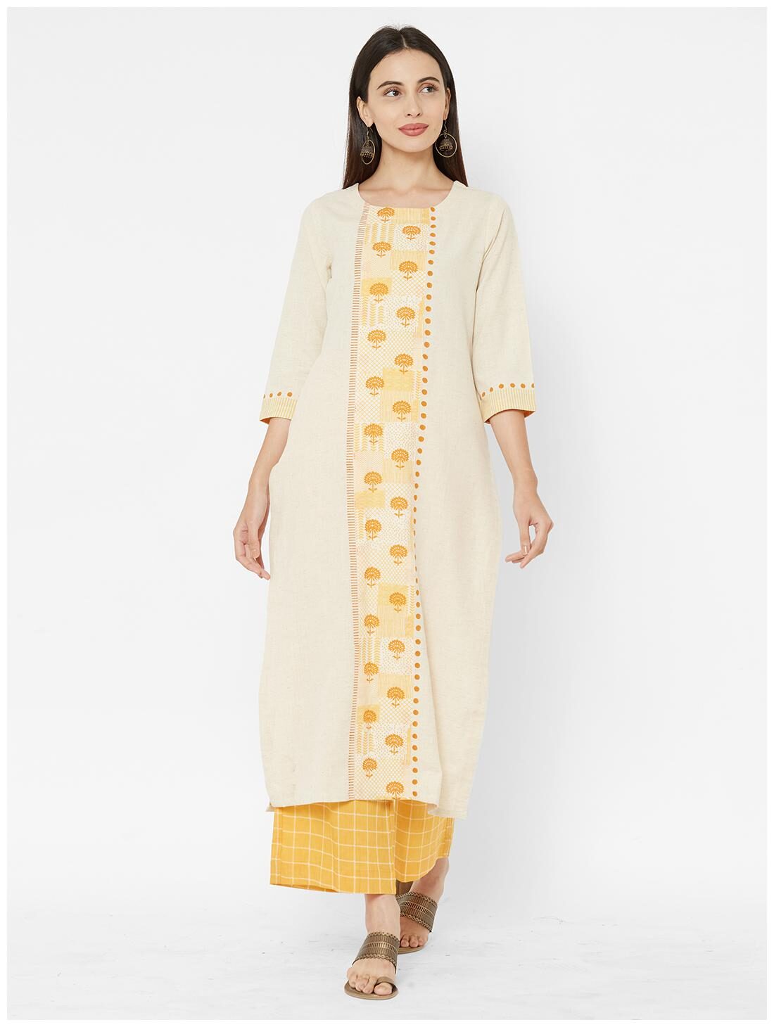

ANVITA Women s Yellow Cotton Flex Round Neck Kurta and Palazzo Set - Yellow