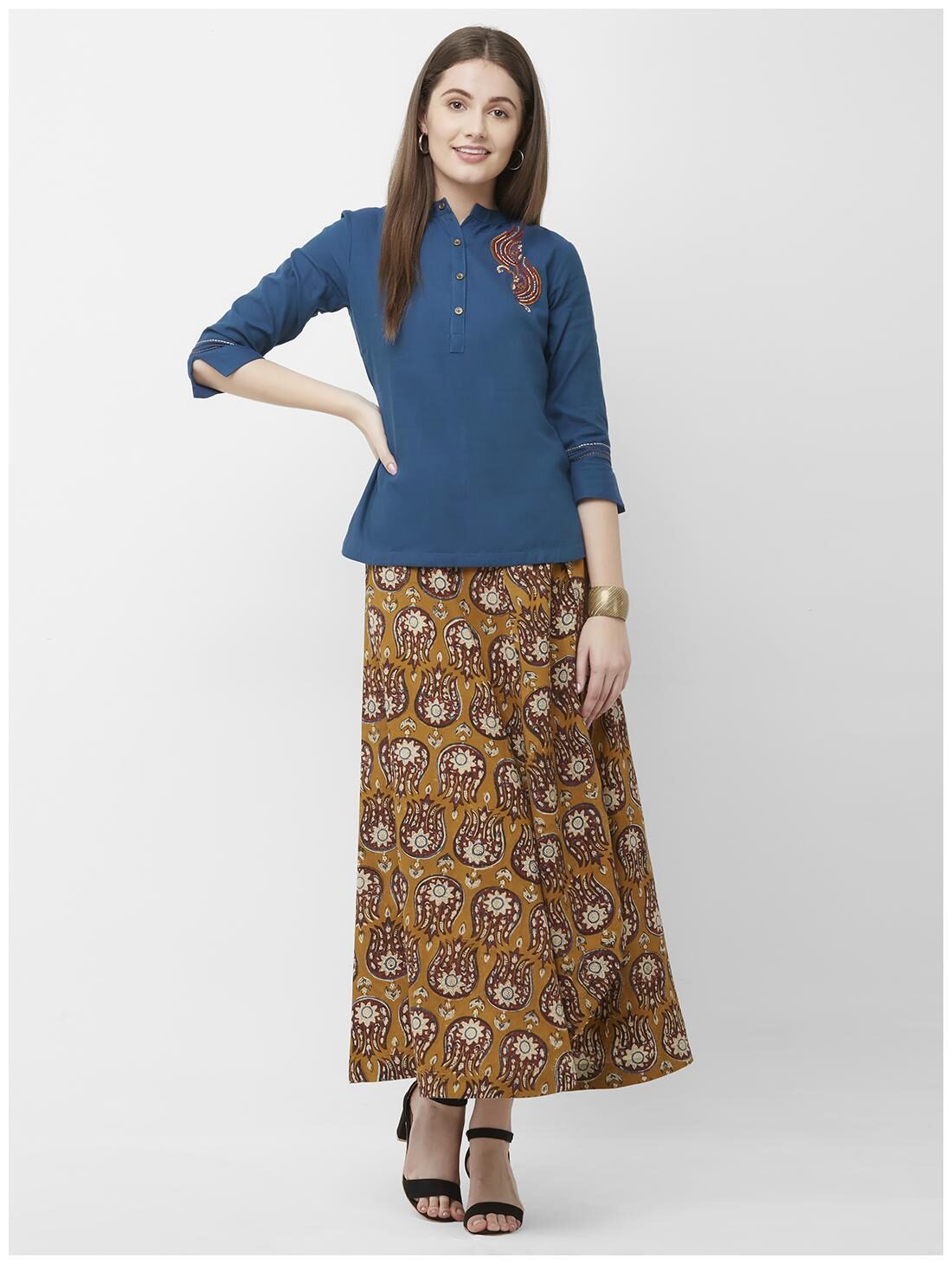 

Anvita Women s Blue And Mustard Embroidered Cotton Top Skirt Set