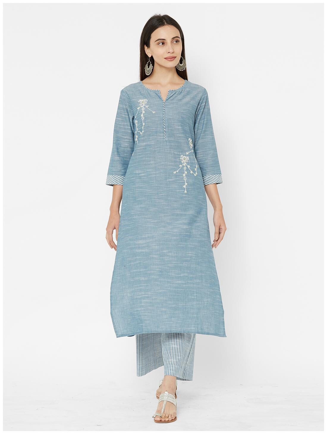 

ANVITA Women s Blue Cotton Slub Round Neck Kurta and Palazzo Set - Blue