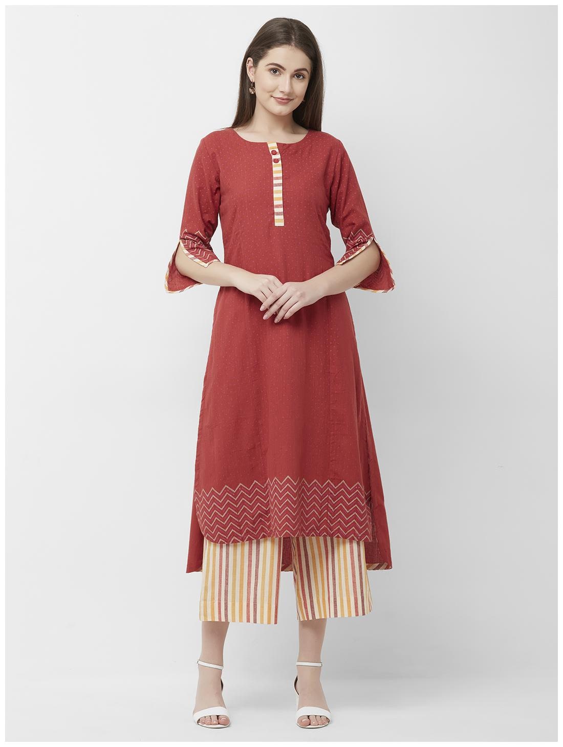 

ANVITA Women Cotton Polka Dots Kurta With Palazzo Red