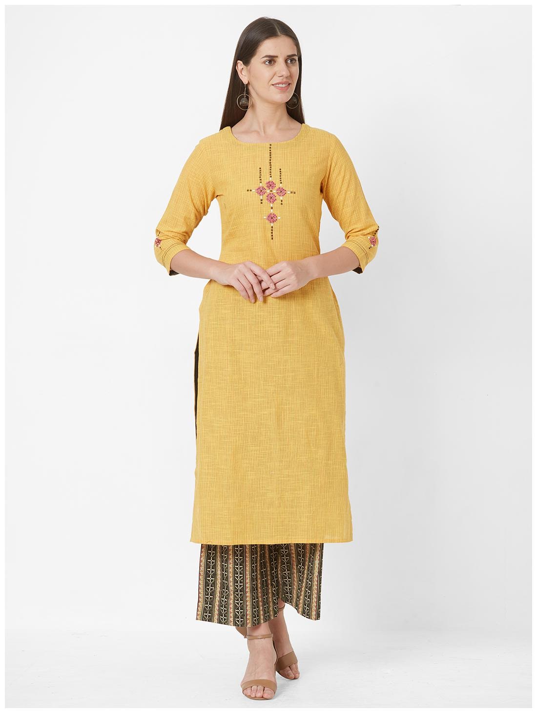 

ANVITA Yellow Pure Cotton Solid Kurti and Palazzo Set