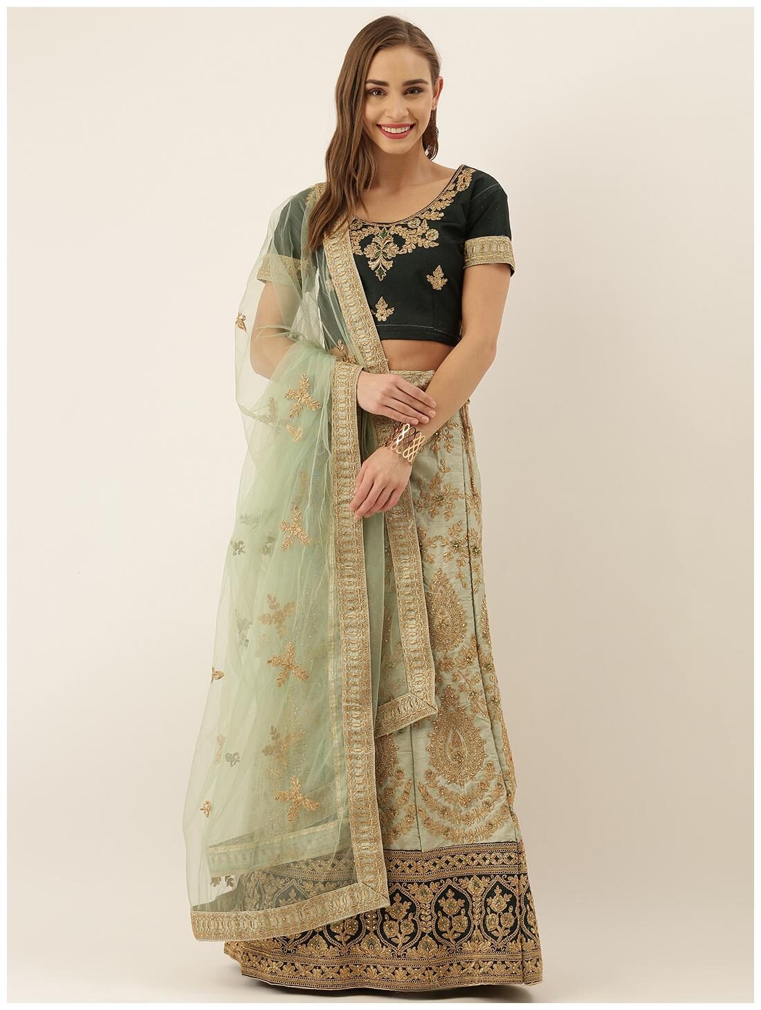 

Anvith Women Silk Embroidered Green Lehenga Choli