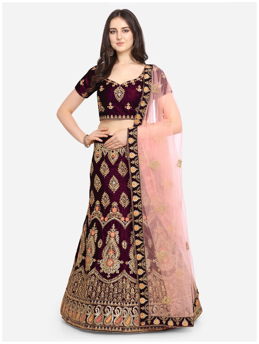 

Anvith Women Velvet Embroidered Purple Lehenga Choli