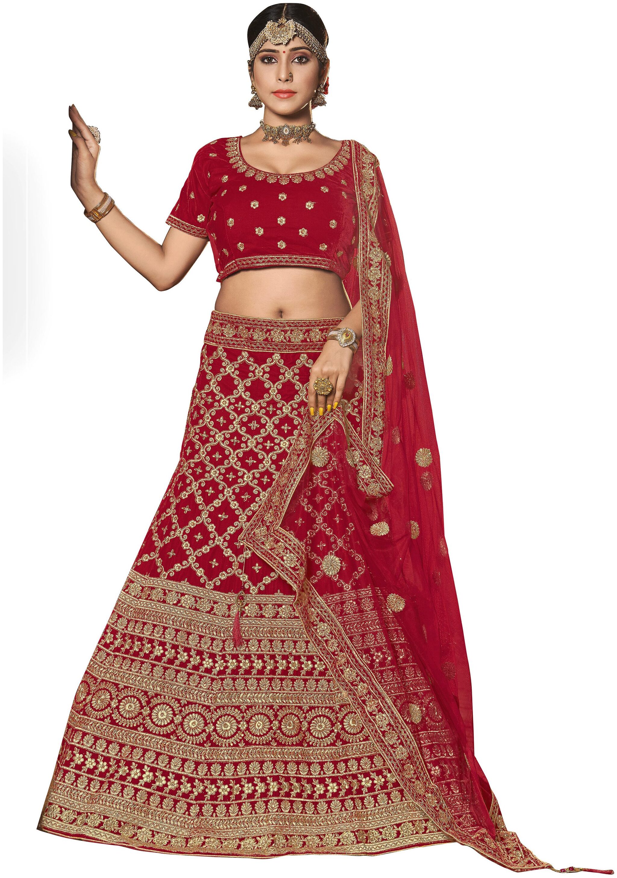 

Anvith Women Velvet Embroidered Red Lehenga Choli