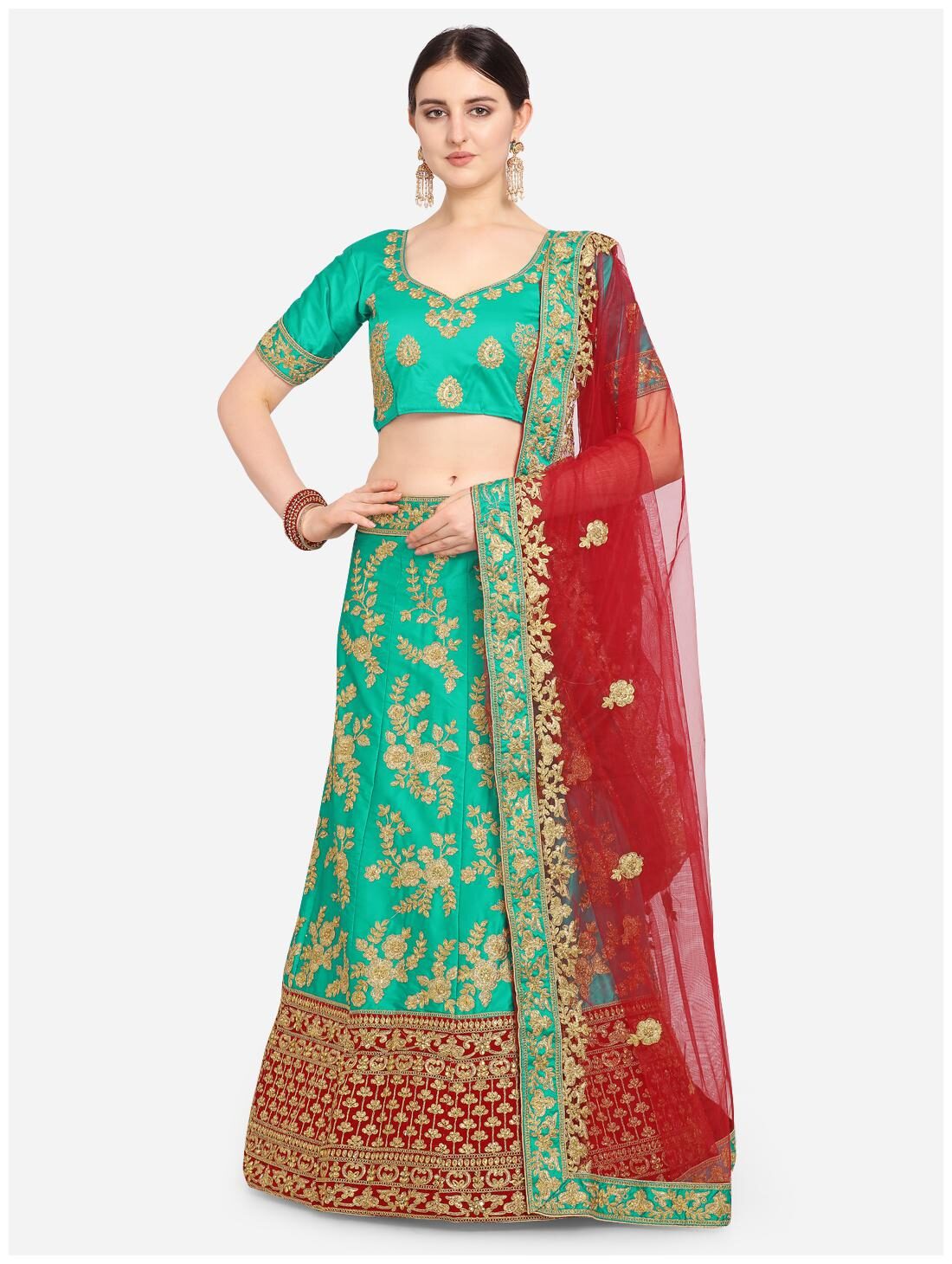 

Anvith Women Satin Embroidered Green Lehenga Choli
