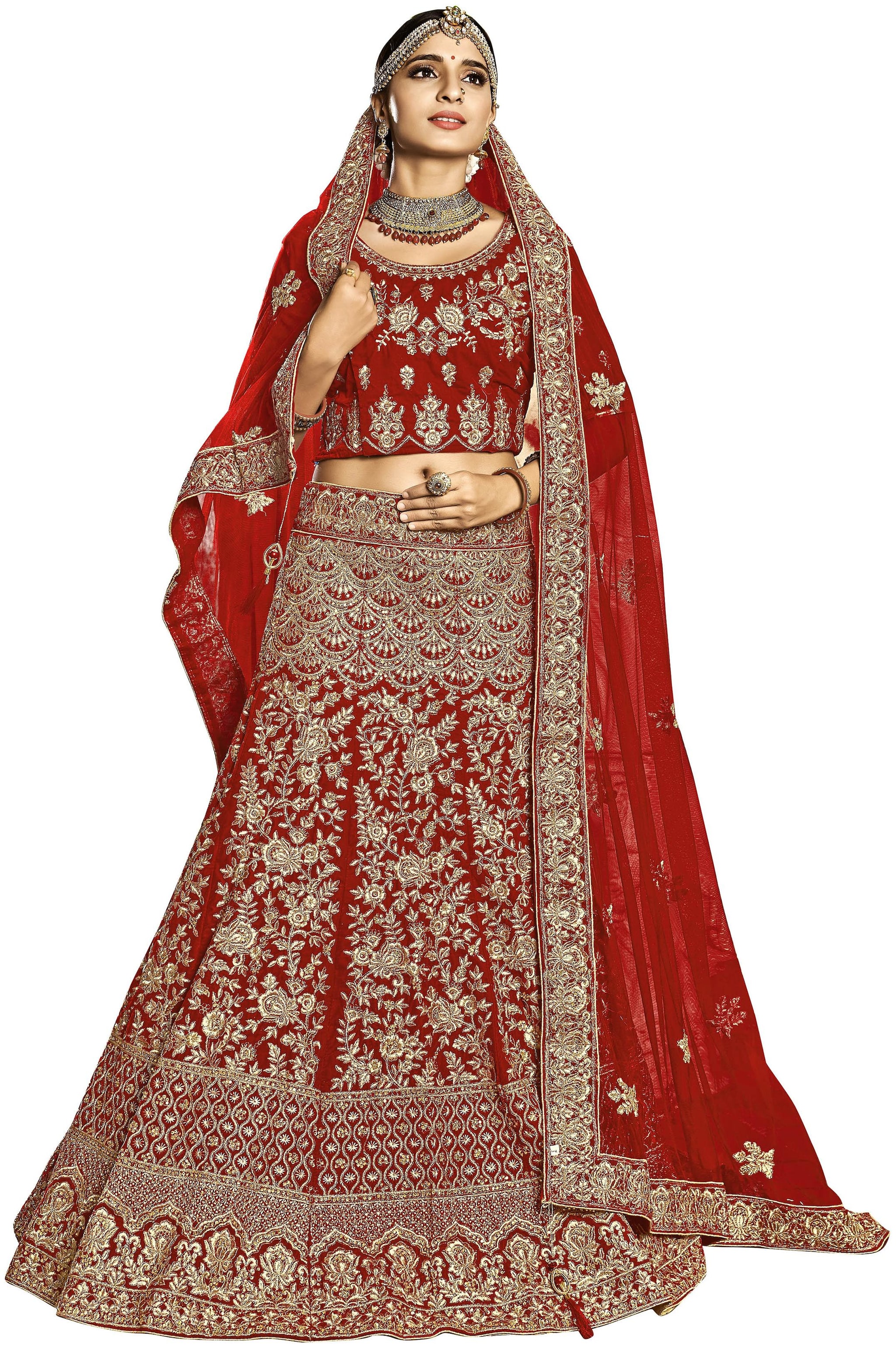

Anvith Women Velvet Embroidered Red Lehenga Choli