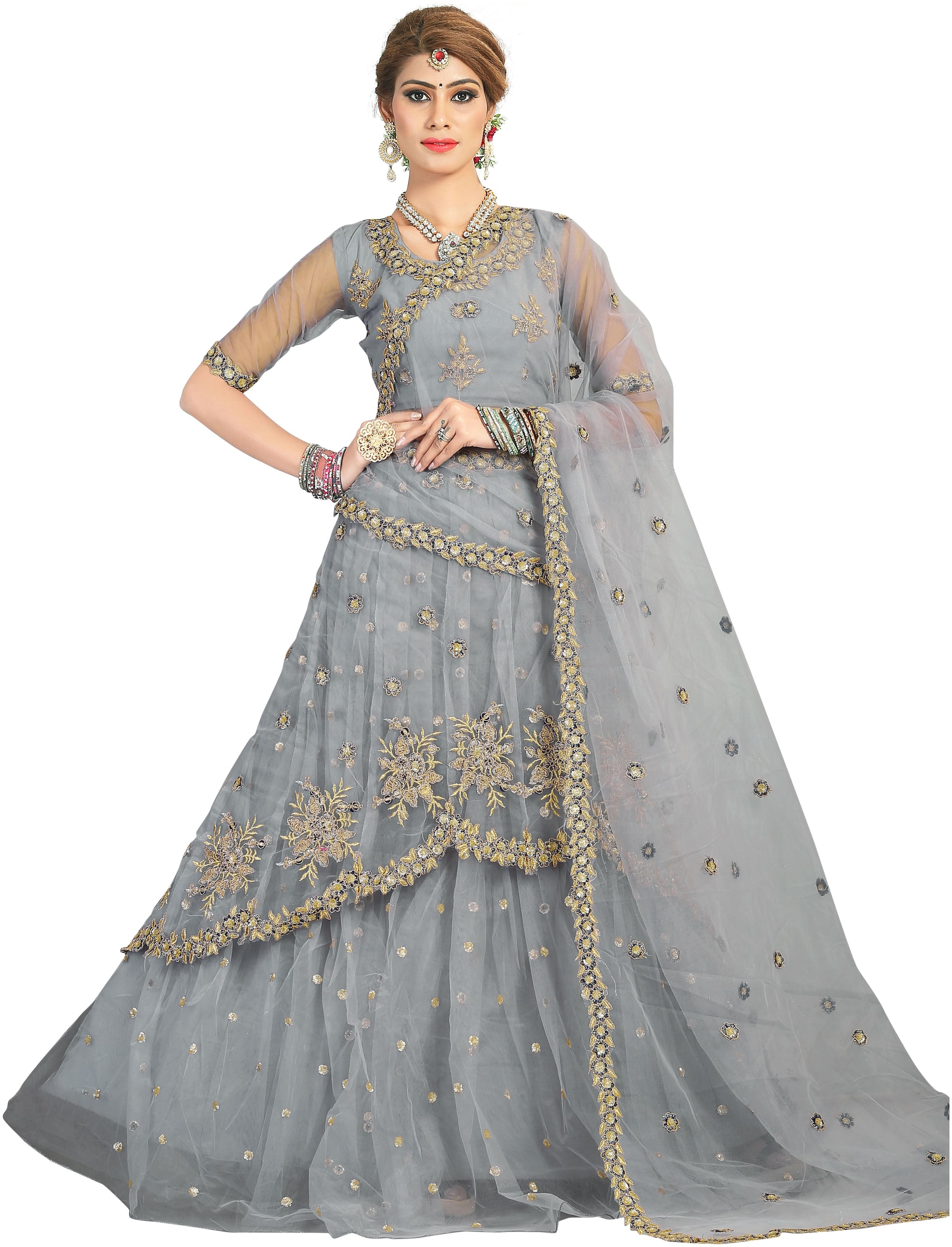

Anvith Women Net Embroidered Grey Lehenga Choli