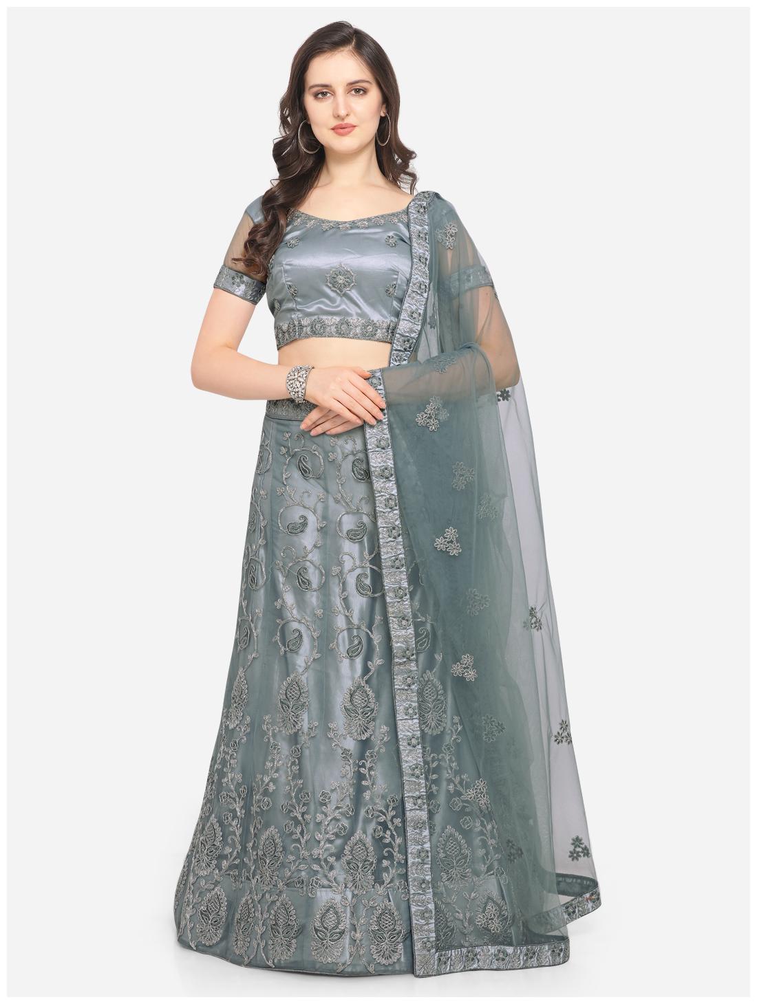 

Anvith Women Net Embroidered Grey Lehenga Choli