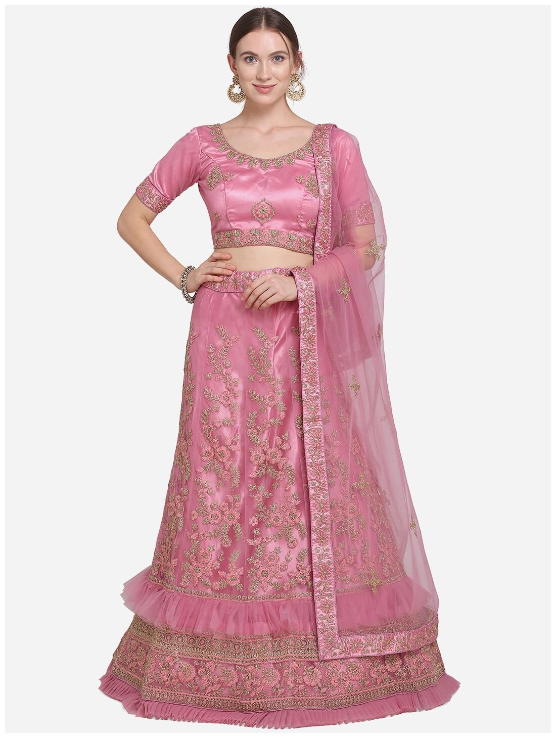 

Anvith Women Net Embroidered Pink Lehenga Choli