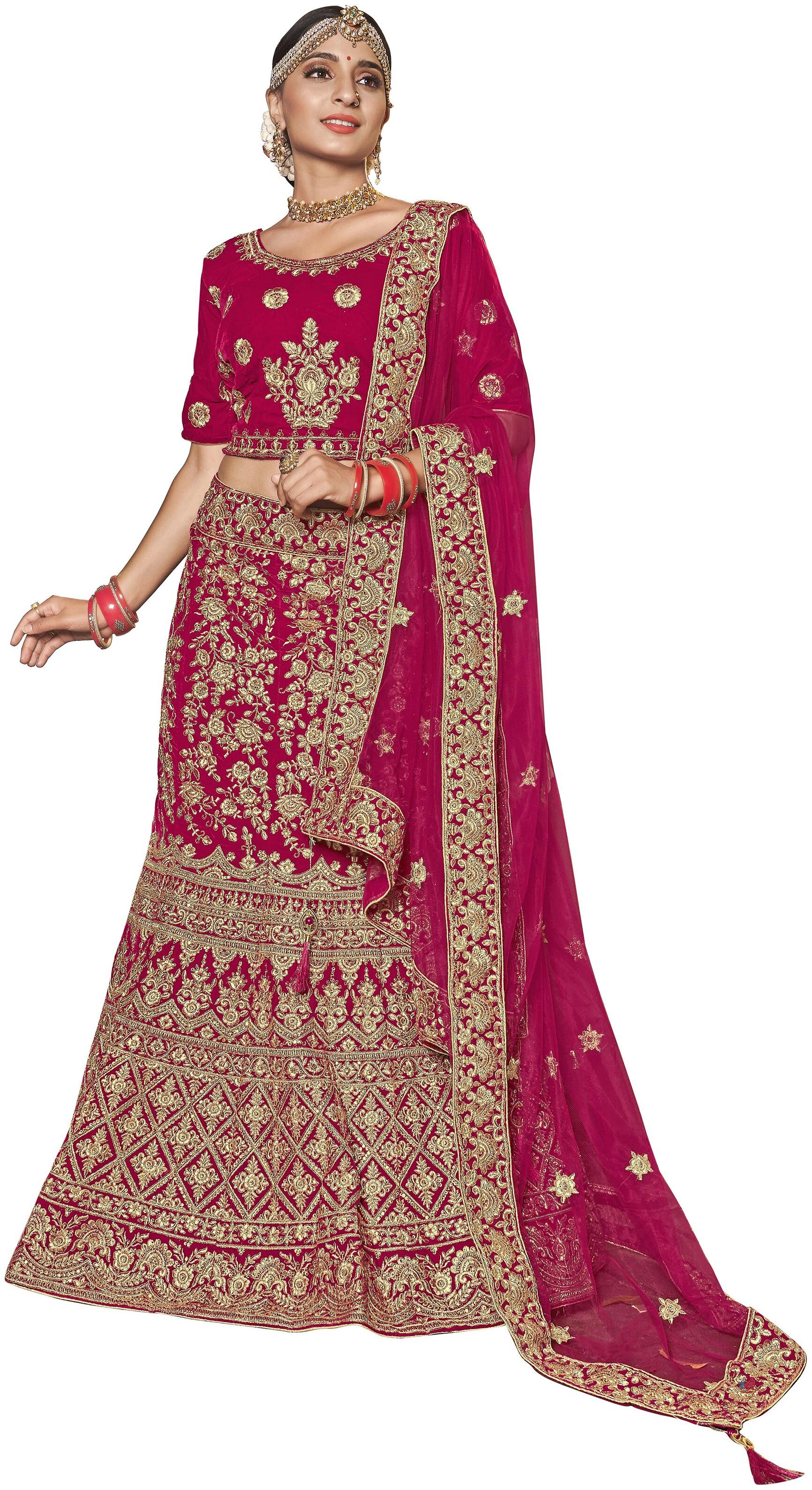 

Anvith Women Velvet Embroidered Pink Lehenga Choli