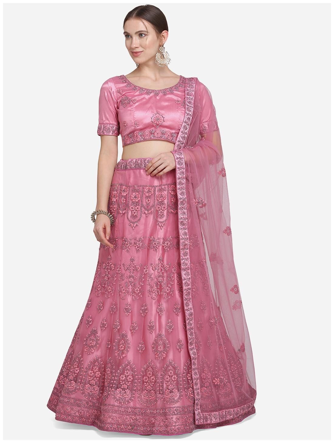 

Anvith Women Net Embroidered Pink Lehenga Choli