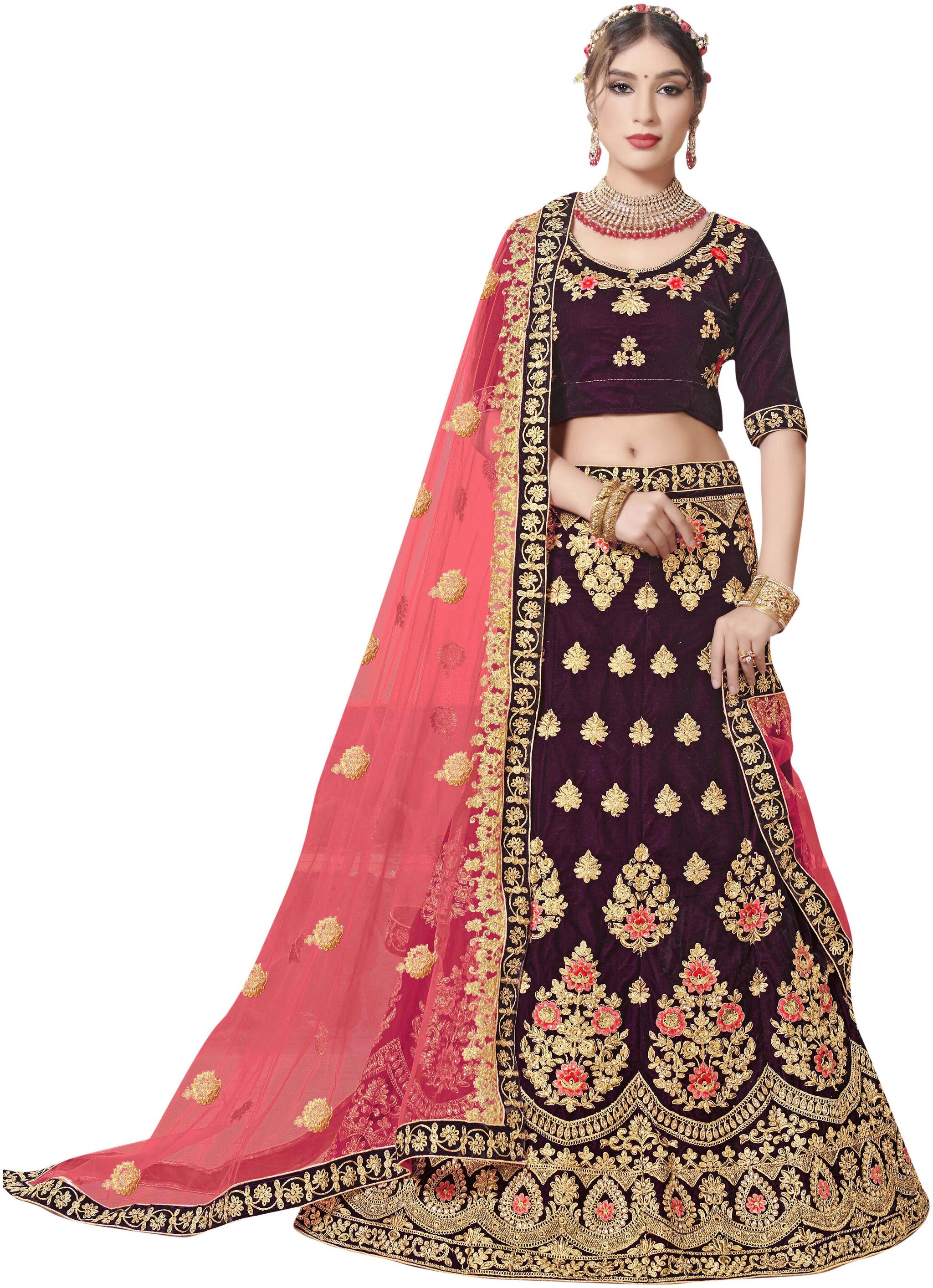 

Anvith Women Velvet Embroidered Purple Lehenga Choli