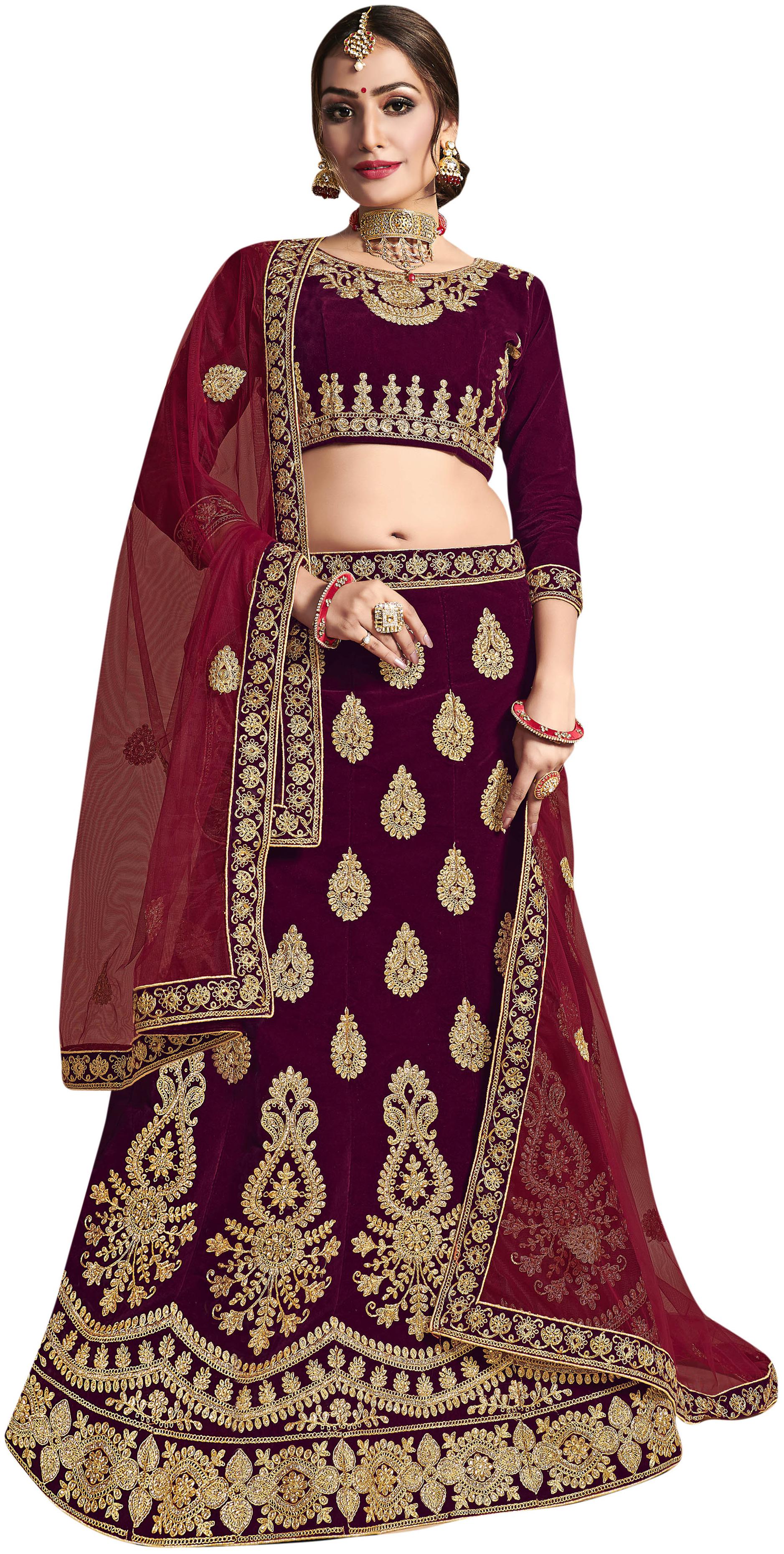 

Anvith Women Velvet Embroidered Maroon Lehenga Choli