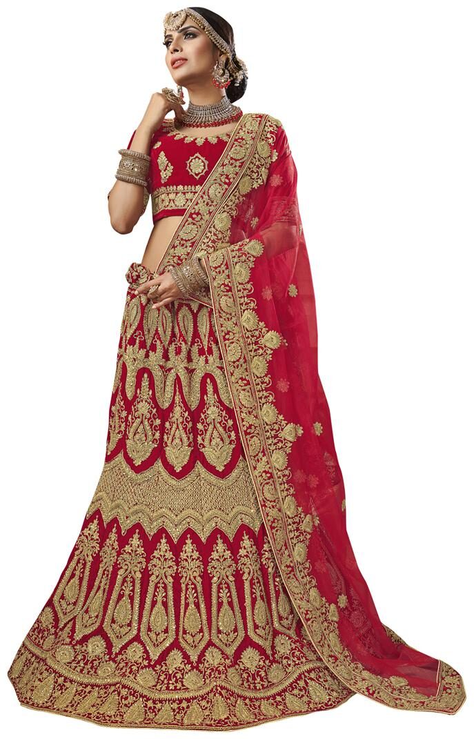 

Anvith Women Velvet Embroidered Red Lehenga Choli