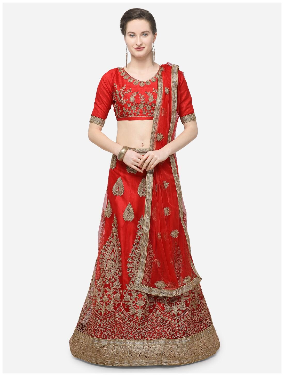

Anvith Women Net Embroidered Red Lehenga Choli