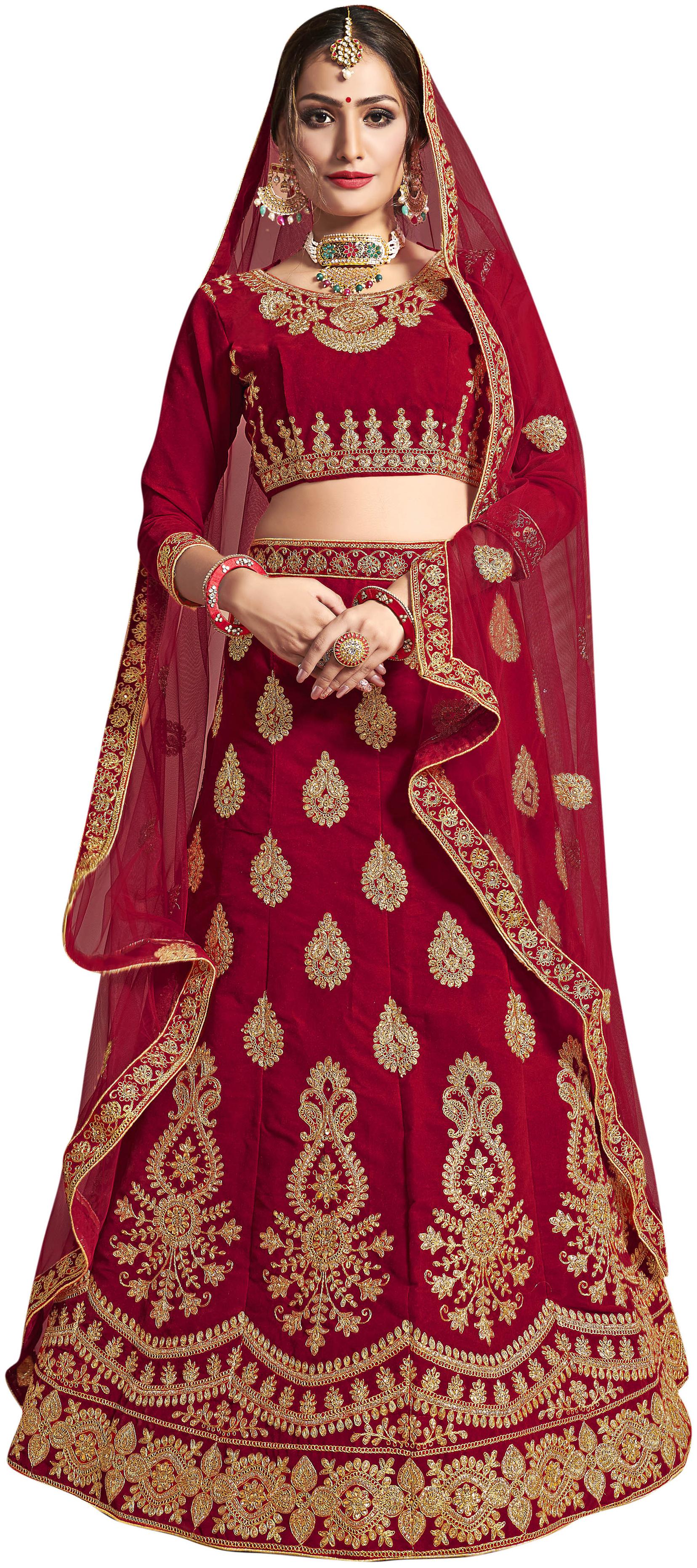 

Anvith Women Velvet Embroidered Red Lehenga Choli