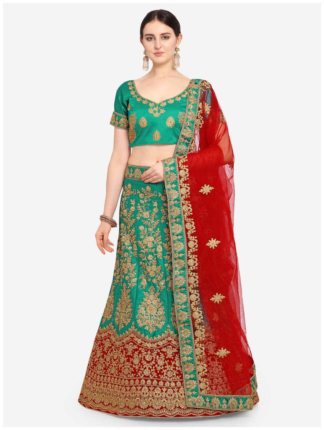 

Anvith Women Satin Embroidered Green Lehenga Choli