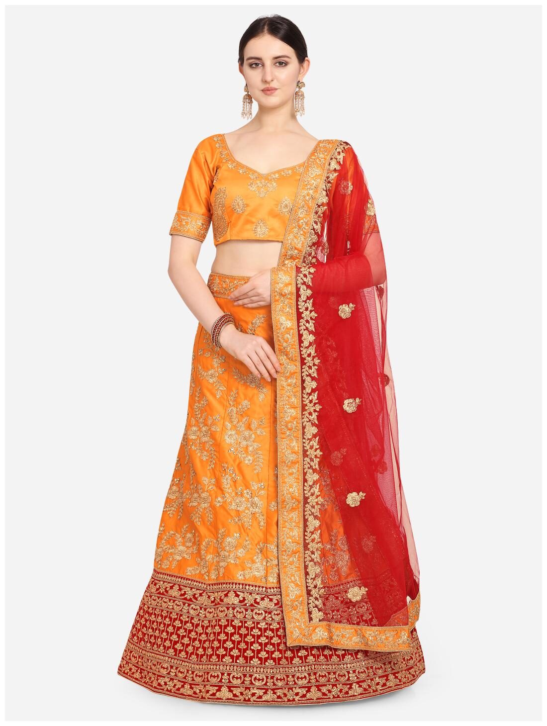 

Anvith Women Satin Embroidered Mustard Lehenga Choli