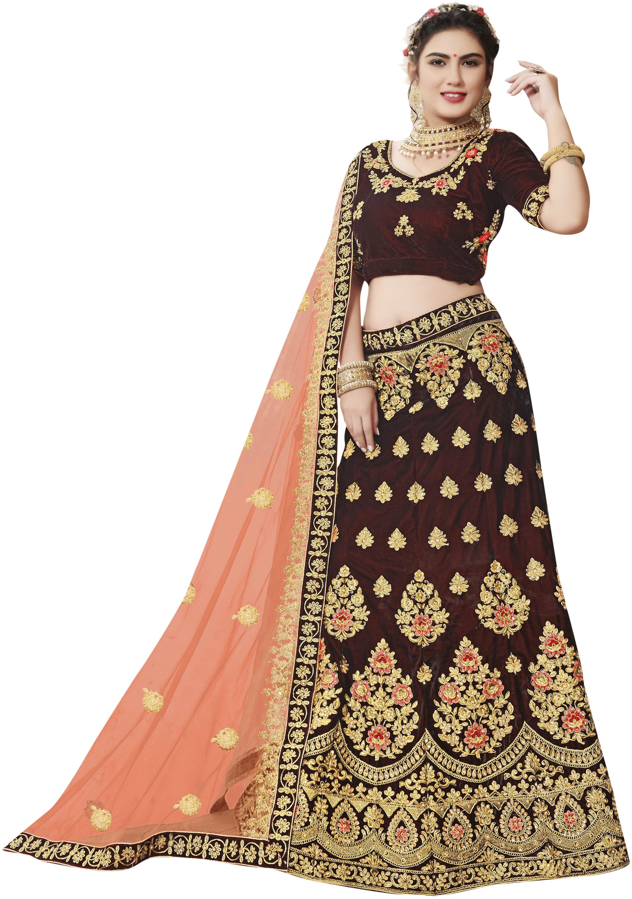 

Anvith Women Velvet Embroidered Maroon Lehenga Choli
