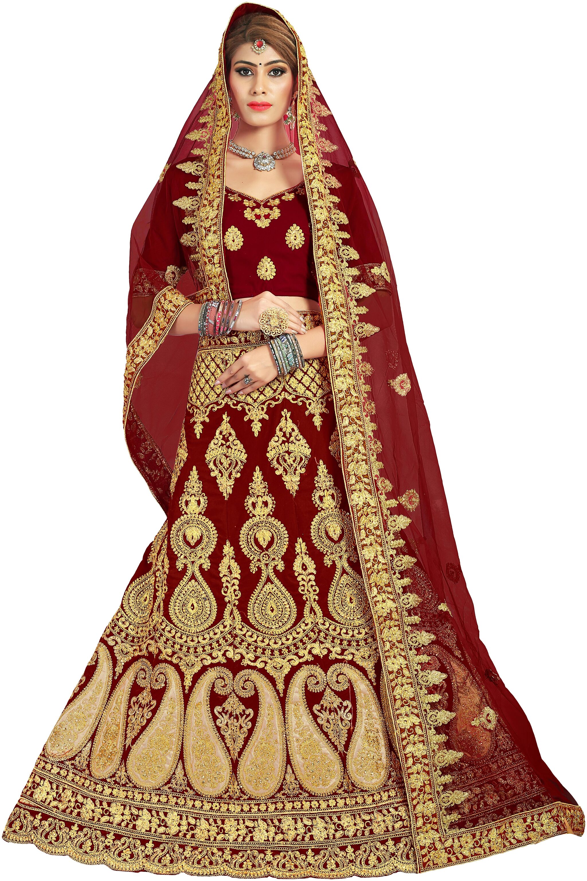 

Anvith Women Velvet Embroidered Maroon Lehenga Choli